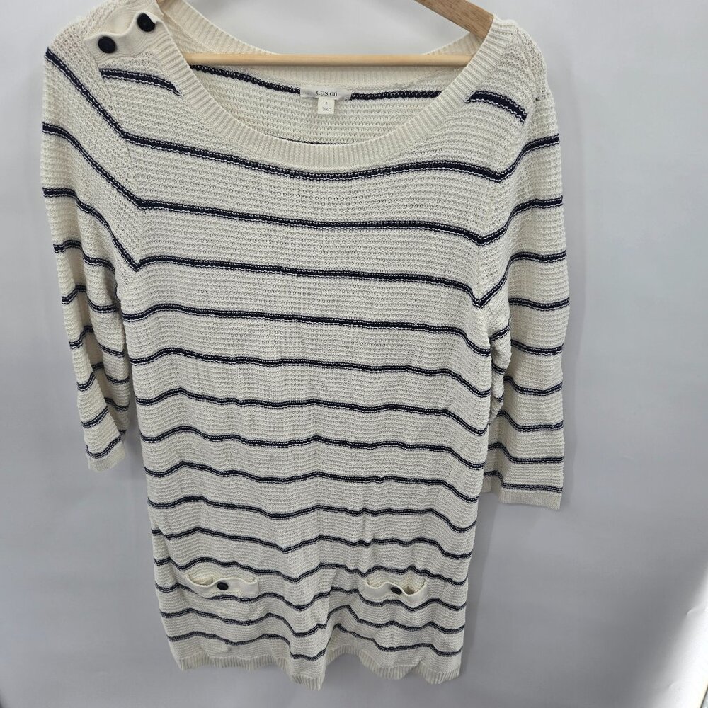 Caslon White Blue Open Knit Coastal Nautical 3/4 sleeves Long Tunic Large